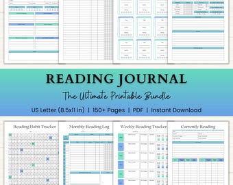 May include: A printable reading journal bundle with various pages for tracking books, reviews, and reading habits. The design features a teal and blue color scheme. The title "READING JOURNAL" is prominently displayed, along with "The Ultimate Printable Bundle". The pages are US Letter size.