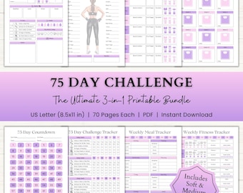 75 Day Challenge Printable Bundle: Workout Planner, ADHD Fitness & Habit Tracker, 75 Soft + Medium Challenge (PDF) – Pink Purple