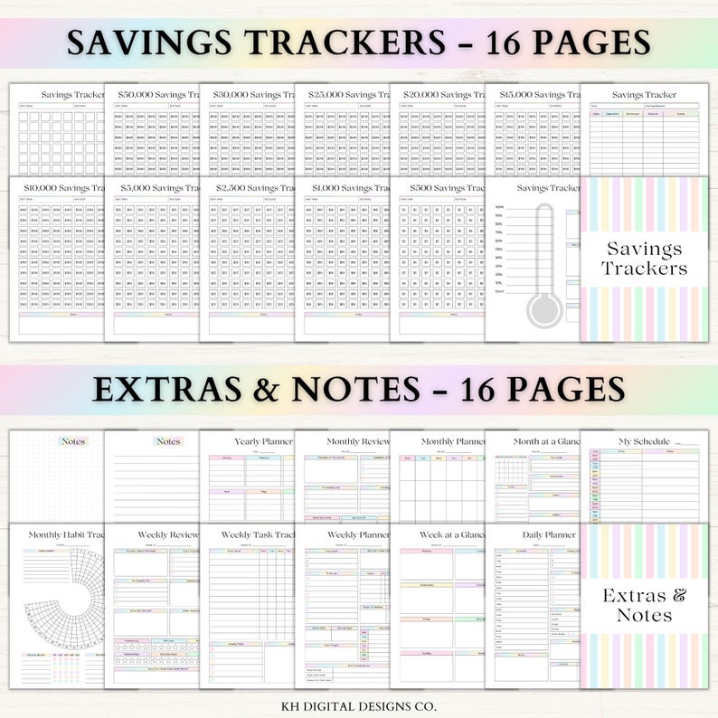 May include: A collection of printable savings trackers and extra notes pages. The top section features various savings trackers with different amounts, while the bottom section includes planner pages for notes, reviews, and schedules. The pages are in black and white.