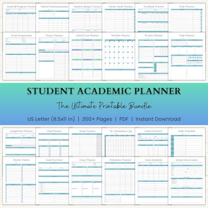 May include: A student academic planner bundle with various templates, including trackers, planners, and schedules. The bundle includes a US Letter size (8.5x11 in) with over 350 pages in PDF format. The title "STUDENT ACADEMIC PLANNER" is displayed prominently.