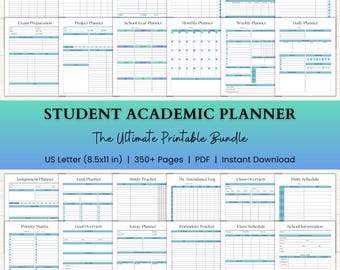 Puede incluir: Un paquete de planificadores académicos para estudiantes con varias plantillas, incluyendo rastreadores, planificadores y horarios. El paquete incluye un tamaño US Letter (21,6 x 27,9 cm) con más de 350 páginas en formato PDF. El título "STUDENT ACADEMIC PLANNER" se muestra.