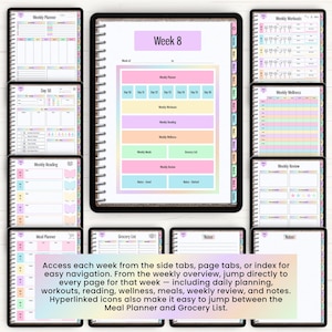 May include: A digital planner displayed on a tablet screen showing a Week 8 overview with colorful navigation tabs. Surrounding the central tablet are various page layouts including weekly planners, workout logs, wellness trackers, meal planners, and notes.
