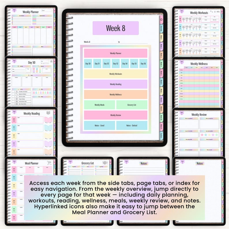 May include: A digital planner displayed on a tablet screen showing a Week 8 overview with colorful navigation tabs. Surrounding the central tablet are various page layouts including weekly planners, workout logs, wellness trackers, meal planners, and notes.