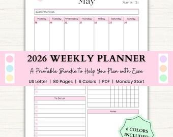 May include: A white 2026 weekly planner with pink accents. The planner includes a weekly calendar, a to-do list, and a notes section. The text "2026 Weekly Planner" is displayed prominently. The planner is designed to help you plan with ease.