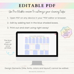 May include: Editable PDF cleaning schedule template on a computer screen. The schedule is color-coded and includes daily, weekly, monthly, quarterly, and yearly tasks. The text "CLEANING SCHEDULE" is at the top of the schedule.