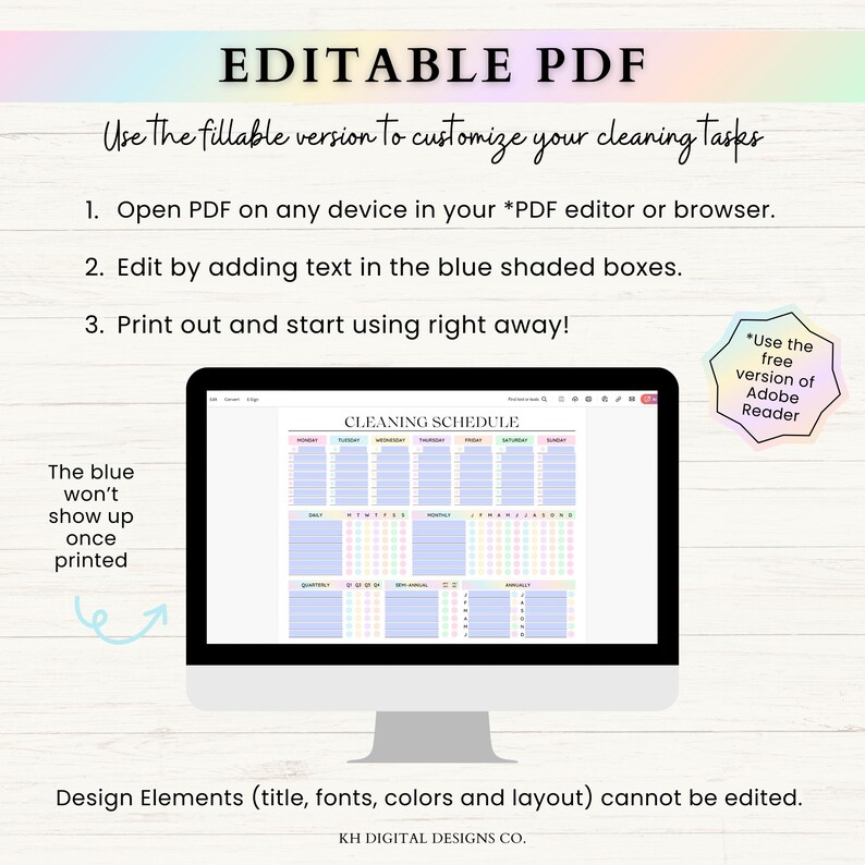 May include: Editable PDF cleaning schedule template on a computer screen. The schedule is color-coded and includes daily, weekly, monthly, quarterly, and yearly tasks. The text "CLEANING SCHEDULE" is at the top of the schedule.