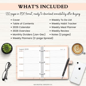 May include: A digital planner with a light pink cover, open to a weekly spread for August 2026. The image includes a pen, a smartphone, a cup of coffee, and a small succulent plant. Text lists included features such as a calendar, to-do lists, and habit trackers.