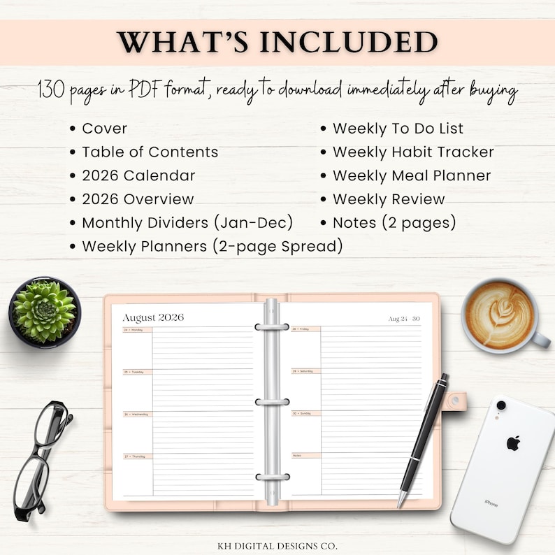May include: A digital planner with a light pink cover, open to a weekly spread for August 2026. The image includes a pen, a smartphone, a cup of coffee, and a small succulent plant. Text lists included features such as a calendar, to-do lists, and habit trackers.