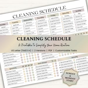 May include: A printable cleaning schedule document featuring a weekly task list, quarterly, semi-annual, and annual sections. The text includes CLEANING SCHEDULE, A Printable to Simplify Your Home Routine, US Letter (11x8.5 in), 2 Versions, PDF, and Customizable Tasks.