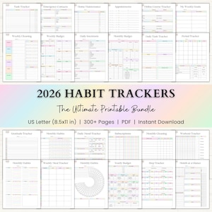 2026 Habit Tracker Printable Bundle: Adhd Mood, Reading, Workout, Budget & Routine Trackers, Monthly Self Care Journal (PDF) - Rainbow