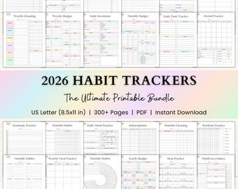 2026 Habit Tracker Printable Bundle: Adhd Mood, Reading, Workout, Budget & Routine Trackers, Monthly Self Care Journal (PDF) - Rainbow