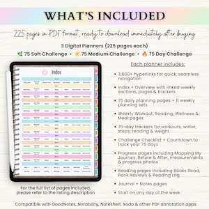 May include: A digital planner set featuring three versions: 75 Soft Challenge, 75 Medium Challenge, and 75 Day Challenge. Each includes 225 pages in PDF format with 3,800+ hyperlinks, daily planning pages, trackers for workouts, water, and progress.