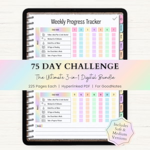 Op de afbeelding: Een digitale planner weergegeven op een tabletscherm met de titel Weekly Progress Tracker, met een 75 DAY CHALLENGE The Ultimate 3-in-1 Digital Bundle. De lay-out bevat dagelijkse gewoonte-checklists en genummerde kolommen.