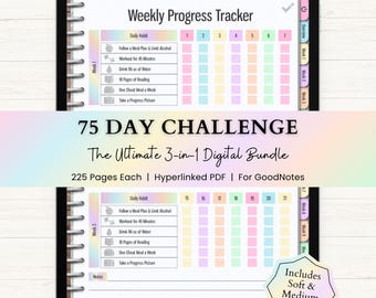 75 Day Challenge Digital Planner Bundle | 75 Soft & 75 Medium Tracker | Fitness Planner for GoodNotes | Hyperlinked PDF | Rainbow
