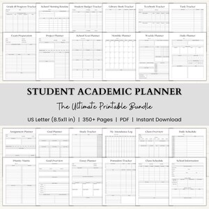 May include: A student academic planner bundle with various printable pages, including trackers, planners, and schedules. The bundle includes pages for grade tracking, budgeting, and daily planning. The text on the image reads "Student Academic Planner" and "The Ultimate Printable Bundle."