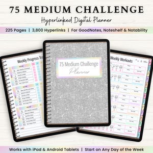 75 Medium Challenge Digital Hyperlinked Planner | Weight Loss Tracker Journal | Workout Challenge | 75 Day Challenge Tracker for Goodnotes