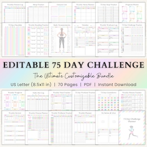 Editable 75 Day Challenge Planner | 75 Soft Challenge Template | Fillable 75 Medium Tracker | Weight Loss Journal | Fitness Workout Planner