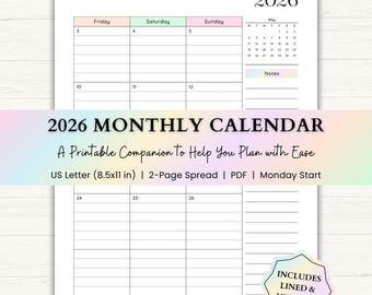 May include: A 2026 monthly calendar printable on US Letter size paper (8.5x11 inches). The calendar features a two-page spread with lined and unlined options. Includes a May calendar and space for notes.