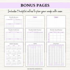May include: A digital planner with bonus pages, including a weekly review, to-do list, habit tracker, and meal planner. The planner also features a 2026 calendar and overview pages. The text "BONUS PAGES" and "Includes 9 helpful extras to plan your week with ease" are visible.