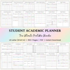 Könnte beinhalten: Ein Student Academic Planner-Bundle mit verschiedenen druckbaren Seiten, einschließlich Trackern für Noten, Budgets und Zeitpläne. Das Bundle enthält über 350 Seiten im US Letter-Format (21,6 x 27,9 cm), als PDF zum sofortigen Download.