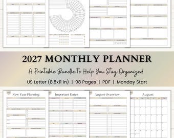 2027 Monthly Planner Printable Bundle | Monday Start Planner | Habit Tracker & Monthly Goals | PDF | Boho