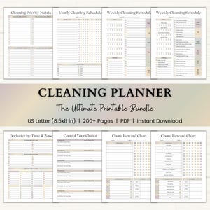May include: A collection of printable cleaning planner pages, including a cleaning priority matrix, yearly and weekly schedules, decluttering guides, and chore reward charts. The bundle is US Letter size (8.5x11 in).