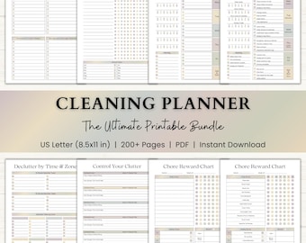 May include: A collection of printable cleaning planner pages, including a cleaning priority matrix, yearly and weekly schedules, decluttering guides, and chore reward charts. The bundle is US Letter size (8.5x11 in).