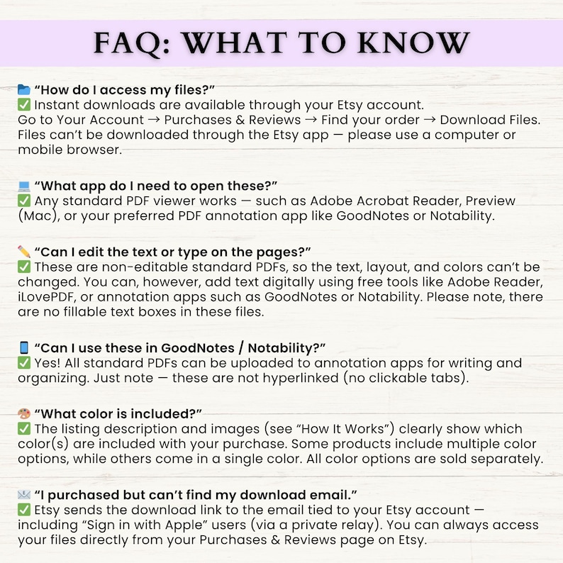 May include: A digital FAQ document titled "FAQ: WHAT TO KNOW" with questions and answers about accessing files, opening files, editing text, using in GoodNotes/Notability, color options, and download emails. The document is on a white background.