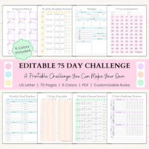 Op de afbeelding: Een digitale, printbare 75-dagen challenge planner set met diverse trackingbladen, waaronder voortgangsfoto's, wekelijkse lees-, maaltijd- en fitnesstrackers, een 75-dagen aftelling en een checklist met tekstlabels en rasters.