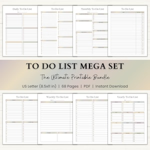 Op de afbeelding: Een verzameling afdrukbare to-do list sjablonen in verschillende formaten, waaronder dagelijks, wekelijks, maandelijks en jaarlijks. De titel "TO DO LIST MEGA SET" staat prominent weergegeven. De bundel is US Letter formaat (21,6 x 27,9 cm) en bevat 68 pagina's.