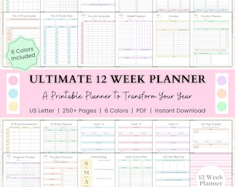 12 Week Planner Printable: Build Momentum & Achieve More in 12 Weeks with Focused Weekly Planning (PDF) – 6 Colors