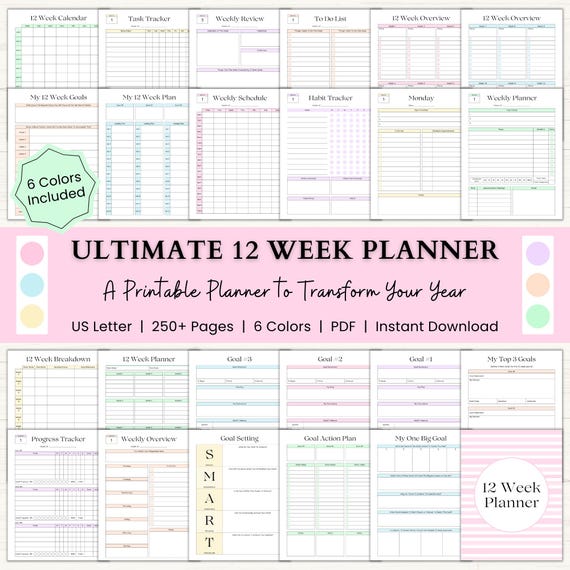 12 Week Planner Printable: Build Momentum & Achieve More in 12 Weeks with Focused Weekly Planning (PDF) – 6 Colors