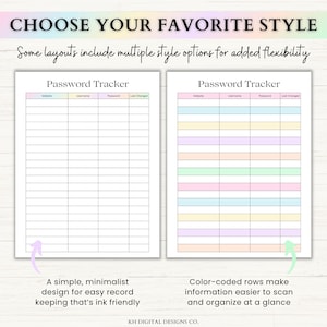 May include: Two printable password tracker sheets with the text "Password Tracker" at the top. The left sheet features a plain grid, while the right sheet includes alternating pastel-colored rows for website, username, password, and last changed fields.