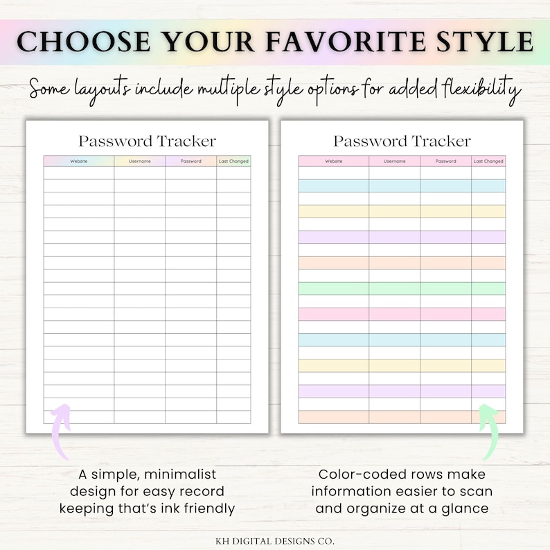 May include: Two printable password tracker sheets with the text "Password Tracker" at the top. The left sheet features a plain grid, while the right sheet includes alternating pastel-colored rows for website, username, password, and last changed fields.