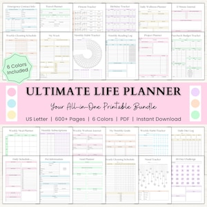 Ultimate Life Planner Printable Bundle | ADHD Monthly Productivity Planner | Weekly Habit Tracker & Daily Goal Planner | PDF | 6 Colors