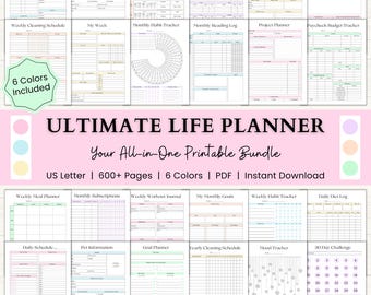 Ultimate Life Planner Printable Bundle | ADHD Monthly Productivity Planner | Weekly Habit Tracker & Daily Goal Planner | PDF | 6 Colors