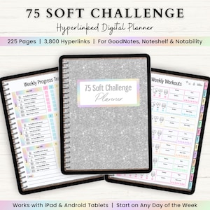 Może przedstawiać: Cyfrowy planer do wyzwania 75 Soft Challenge, z srebrną błyszczącą okładką i tęczowymi akcentami. Planer jest przeznaczony do użytku z tabletami iPad i Android i zawiera 225 stron oraz 3800 hiperłączy. Planer jest kompatybilny z GoodNotes, Noteshelf i Notability.