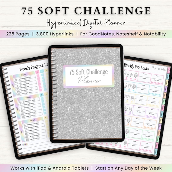 75 Soft Challenge Digital Hyperlinked Planner | Fitness Tracker Journal | 75 Easy | Workout Planner | 75 Day Challenge Tracker for Goodnotes
