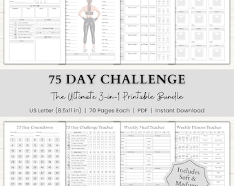 75 Day Challenge Printable Bundle: Minimalist Fitness Planner, Workout Tracker, Weight Loss Journal, 75 Soft + Medium Challenge (PDF) – Gray