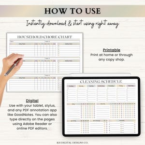 May include: A digital and printable household chore chart and cleaning schedule template. The chore chart features columns for daily and weekly tasks. The cleaning schedule includes sections for daily, monthly, quarterly, semi-annual, and annual tasks.