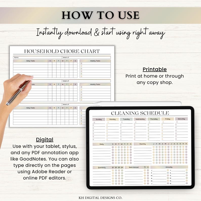 May include: A digital and printable household chore chart and cleaning schedule template. The chore chart features columns for daily and weekly tasks. The cleaning schedule includes sections for daily, monthly, quarterly, semi-annual, and annual tasks.