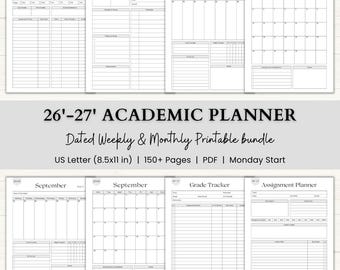 May include: A collection of printable academic planner pages. The pages include a class overview, daily study planner, monthly calendars for April and September, a grade tracker, and an assignment planner. The text reads "26'-27' ACADEMIC PLANNER".