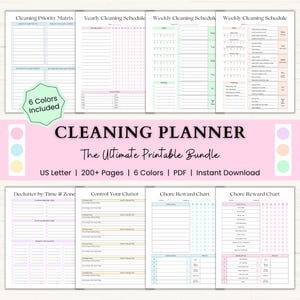 May include: A set of printable cleaning planner pages in pastel shades. The pages include a cleaning priority matrix, yearly and weekly schedules, chore reward charts, and decluttering guides. The bundle includes 6 colours and is available in US Letter size.
