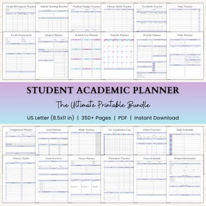 Może przedstawiać: Zestaw Student Academic Planner z różnymi stronami do druku do organizacji akademickiej. Zawiera trackery ocen, budżetów i harmonogramów. Zestaw ma format US Letter (21,6 x 27,9 cm) i zawiera ponad 350 stron.