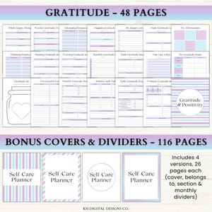 Puede incluir: Un conjunto de planificador de gratitud digital con 48 p&aacute;ginas de plantillas con acentos morados y azules, incluyendo un gr&aacute;fico de frasco de gratitud y texto. Incluye 116 p&aacute;ginas de portadas y divisores adicionales para un planificador de autocuidado.
