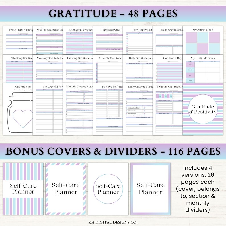 Puede incluir: Un conjunto de planificador de gratitud digital con 48 p&aacute;ginas de plantillas con acentos morados y azules, incluyendo un gr&aacute;fico de frasco de gratitud y texto. Incluye 116 p&aacute;ginas de portadas y divisores adicionales para un planificador de autocuidado.