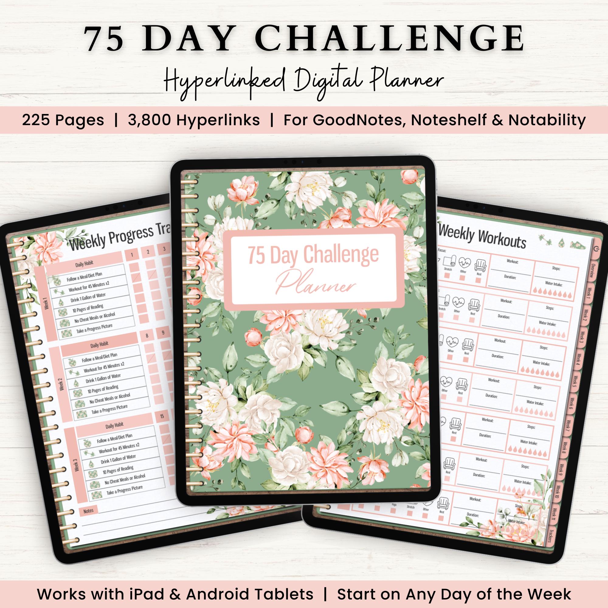 75 Day Challenge Digital Hyperlinked Planner | Weight Loss Tracker | 75 Day Checklist | Fitness Journal | Workout Planner | 75 Day Template