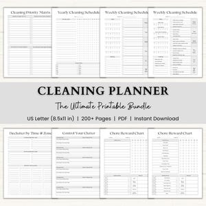 Pode incluir: Um conjunto de páginas de planejador de limpeza imprimíveis, incluindo uma matriz de prioridades de limpeza, calendários anuais e semanais e tabelas de recompensas de tarefas. O pacote é no tamanho US Letter (21,6 x 27,9 cm) e contém mais de 200 páginas.