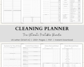 May include: A collection of printable cleaning planner pages, including a cleaning priority matrix, yearly and weekly schedules, and chore reward charts. The bundle is US Letter size (8.5x11 in) and includes over 200 pages. The title "CLEANING PLANNER" is displayed prominently.