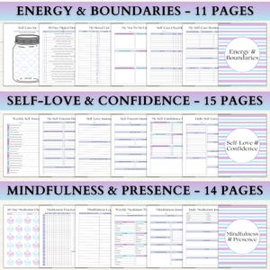 Puede incluir: Un conjunto de planificadores digitales con tres secciones: Energy & Boundaries con 11 p&aacute;ginas, Self-Love & Confidence con 15 p&aacute;ginas y Mindfulness & Presence con 14 p&aacute;ginas. Cada secci&oacute;n incluye varios rastreadores, listas y diarios con portadas de rayas moradas y azules.